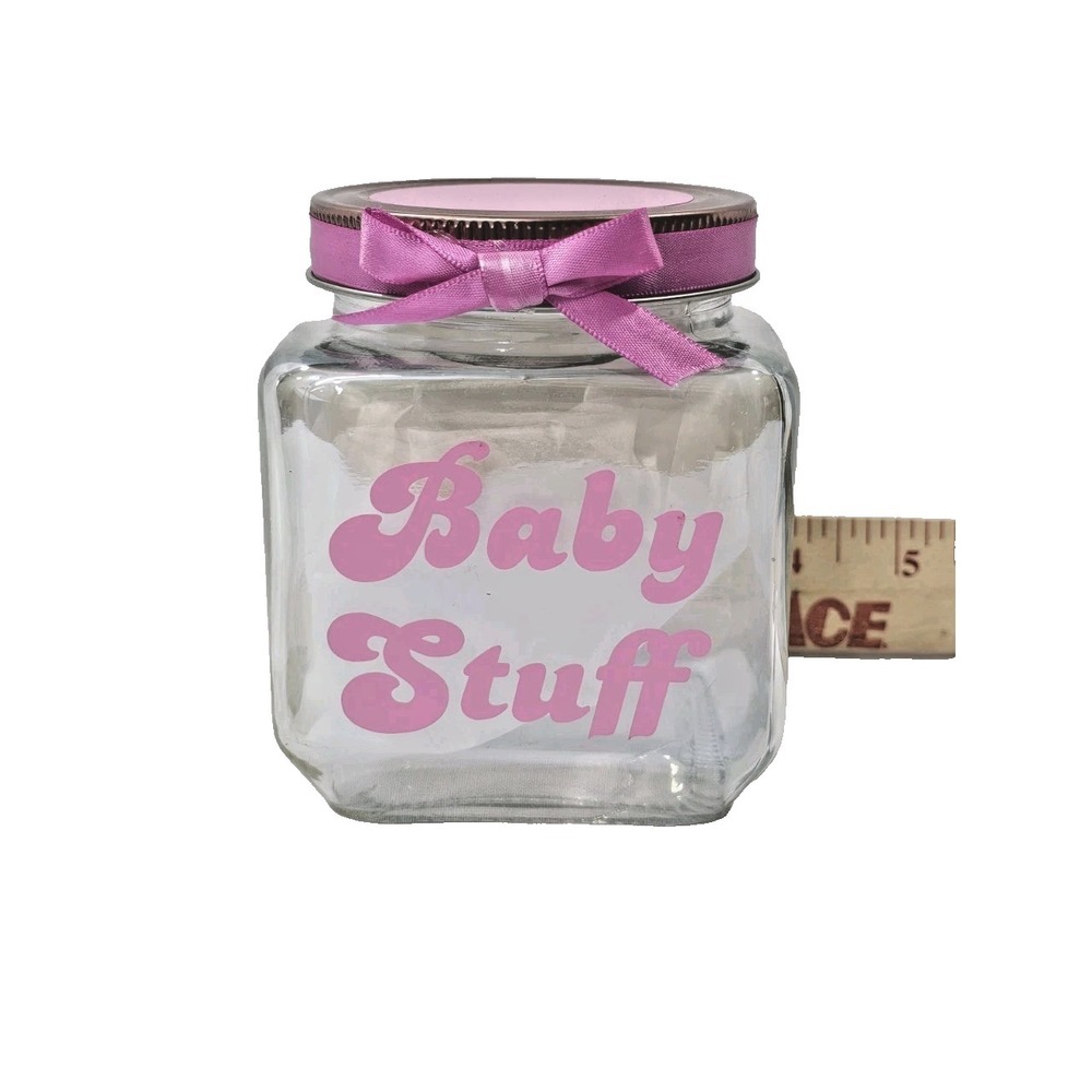 Baby Stuff Decorative Keepsake Nursery Room Decor Glass Jar Lid W Ribbon Bow - Picture 4 of 5